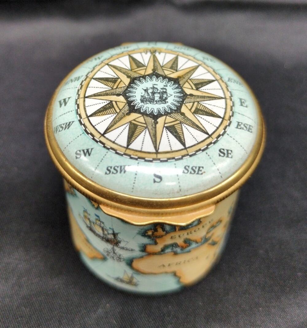 Halcyon Days Enamel Box Traveler's World Map Nautical Compass Interior Sextant